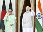 Prime Minister of Bangladesh Sheikh Hasina with PM Narendra Modi prior to delegation levels talk at Hyderabad house in New Delhi.(Sanjeev Verma/ HT) Prime Minister of Bangladesh Sheikh Hasina with PM Narendra Modi prior to delegation levels talk at Hyderabad house in New Delhi.(Sanjeev Verma/ HT)