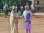 Bangladesh PM Sheikh Hasina shakes hand with her Indian counterpart Narendra Modi at Rashtrapati Bhavan.(Twitter / @MEAIndia) Bangladesh PM Sheikh Hasina shakes hand with her Indian counterpart Narendra Modi at Rashtrapati Bhavan.(Twitter / @MEAIndia)