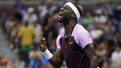 Frances Tiafoe celebrates after winning a point against Rafael Nadal (AP) Frances Tiafoe celebrates after winning a point against Rafael Nadal (AP)