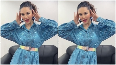 “The many moods and locations this dress went in one night. Lol,” Sunny captioned her pictures. (Instagram/@sunnyleone)