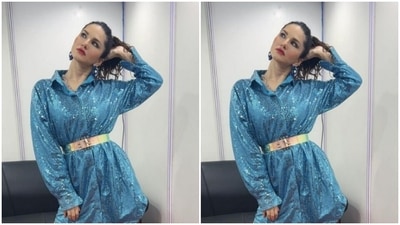 Sunny further accessorised her look for the day in statement blue earrings from the house of Curated Curiosities. (Instagram/@sunnyleone)