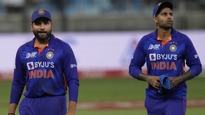 India's captain Rohit Sharma, left, reacts as he leaves the field with teammate Suryakumar Yadav after their loss in the T20 cricket match of Asia Cup against Sri Lanka, in Dubai. (AP) India's captain Rohit Sharma, left, reacts as he leaves the field with teammate Suryakumar Yadav after their loss in the T20 cricket match of Asia Cup against Sri Lanka, in Dubai. (AP)