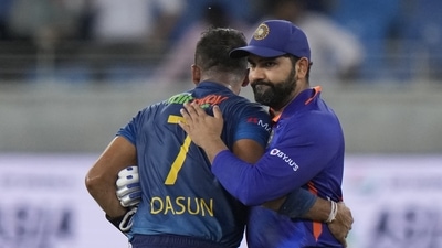 India's captain Rohit Sharma, right, hugs Sri Lanka's captain Dasun Shanaka to congratulate him (AP) India's captain Rohit Sharma, right, hugs Sri Lanka's captain Dasun Shanaka to congratulate him (AP)