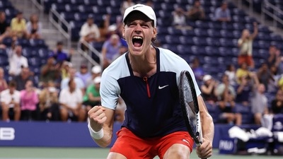 Jannik Sinner of Italy celebrates match point against Ilya Ivashka (AFP)