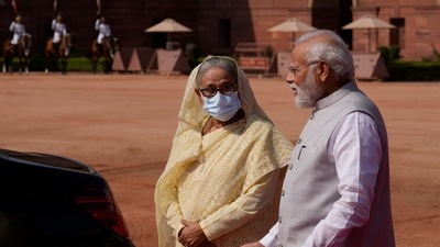 Bangladesh PM Sheikh Hasina was welcomed by Darshana Jardosh, Minister of State for Textiles and Railways in New Delhi upon her arrival here on Monday. (AP)