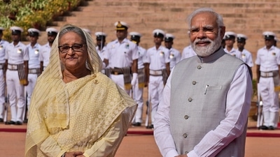 Bangladesh PM Sheikh Hasina was welcomed to India with a ceremony in the capital, New Delhi, on Tuesday during a four-day visit aimed at boosting bilateral ties. (AP)