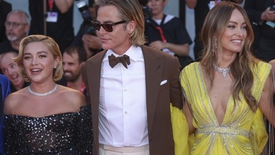 Director Olivia Wilde, from right, Chris Pine, and Florence Pugh pose. (Joel C Ryan/Invision/AP) Director Olivia Wilde, from right, Chris Pine, and Florence Pugh pose. (Joel C Ryan/Invision/AP)