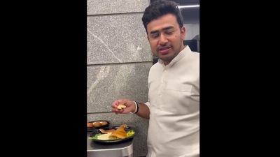 Bengaluru south MP Tejaswi Surya visits a local eatery to taste masala Dosa