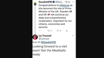 The image shows the Twitter user replying to a post meant for UK PM-elect Liz Truss. (Twitter/@Liztruss)
