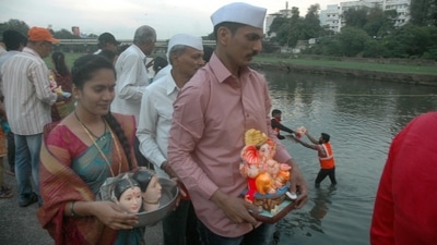 The 10-day Ganesh festival commenced on August 31. On the sixth day of the festivities on Monday, devotees immersed the idols of Lord Ganesh and Goddess Gauri in the sea at various beaches, ponds and artificial lakes made for the purpose. (HT File Photo) The 10-day Ganesh festival commenced on August 31. On the sixth day of the festivities on Monday, devotees immersed the idols of Lord Ganesh and Goddess Gauri in the sea at various beaches, ponds and artificial lakes made for the purpose. (HT File Photo)