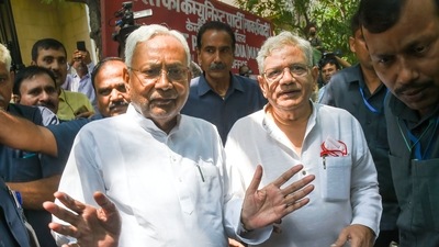 Bihar Chief Minister Nitish Kumar and CPI(M) General Secretary Sitaram Yechury talk to the media after their meeting, in New Delhi, Tuesday, Sept. 6, 2022. (PTI) Bihar Chief Minister Nitish Kumar and CPI(M) General Secretary Sitaram Yechury talk to the media after their meeting, in New Delhi, Tuesday, Sept. 6, 2022. (PTI)