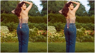The corset top comes with halter straps, a plunging V scalloped neckline, bare back detail, criss-cross dori ties adorned with multi-coloured tassels, and an asymmetric cropped hem. It features intricately embroidered threadwork, mirror embellishments, beads and sequin tassels, and patchwork done in multiple hues on a white backdrop. (Instagram) The corset top comes with halter straps, a plunging V scalloped neckline, bare back detail, criss-cross dori ties adorned with multi-coloured tassels, and an asymmetric cropped hem. It features intricately embroidered threadwork, mirror embellishments, beads and sequin tassels, and patchwork done in multiple hues on a white backdrop. (Instagram)