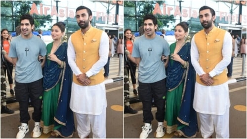 Alia, Ranbir and Ayan posed together for the paparazzi. (HT Photos/Varinder Chawla)