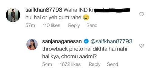 Sanjana Ganesan's reply to the troll on her post.