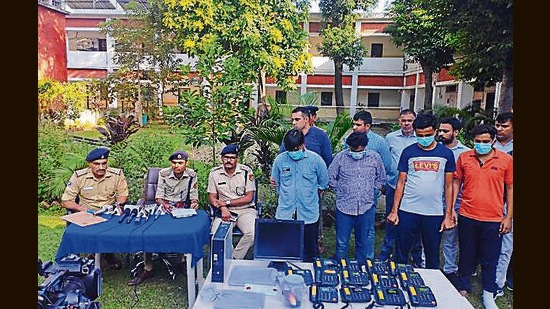 The suspects in the fake job racker in custody of Chandigarh Police. (HT)