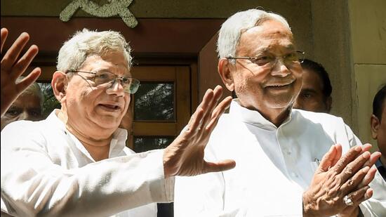 Bihar chief minister Nitish Kumar, who is visiting Delhi, met several opposition leaders on Tuesday, including CPI(M) general secretary Sitaram Yechury, CPI general secretary D Raja and former Haryana chief minister OP Chautala. (PTI)