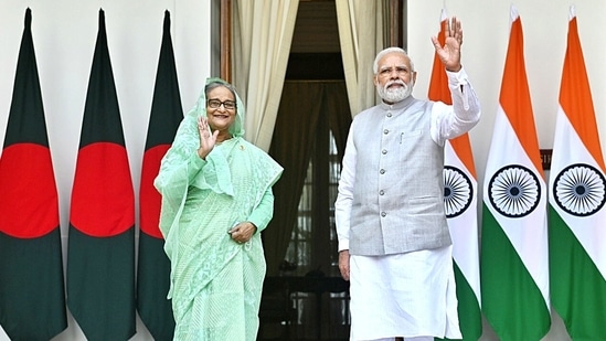 Prime Minister Narendra Modi (right) meets with Bangladesh Prime Minister Sheikh Hasina (left), at Hyderabad House, in New Delhi on Tuesday.&nbsp;(ANI)