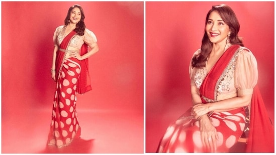 Madhuri Dixit has been ruling hearts of many for decades with not just her elegance and charm but also her personality. The actor is now judging the celeb dance show Jhalak Dikhla Jaa. For a recent episode, she arrived on the sets in a red retro saree and stole the limelight.(Instagram/@madhuridixitnene)