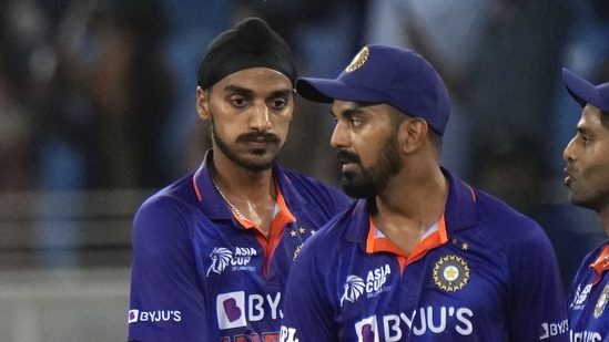 India's Arshdeep Singh, left, reacts after India lost the T20 cricket match of Asia Cup against Pakistan, in Dubai, United Arab Emirates,(AP)