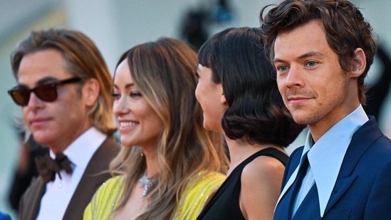 Chris Pine, Olivia Wilde, Sydney Chandler and Harry Styles arrive on September 5, 2022 for the screening of the film Don't Worry Darling presented out of competition as part of the 79th Venice International Film Festival at Lido di Venezia in Venice, Italy.(AFP)