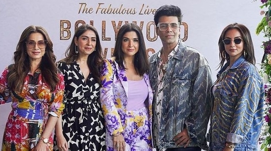 Fabulous Lives of Bollywood Wives stars Neelam Kothari, Bhavana Pandey, Maheep Kapoor and Seema Sajdeh with Karan Johar.