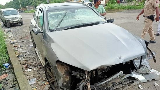 Wreackage of the Mercedes car in which businessman and former Tata Sons chairman Cyrus Mistry was travelling when it met with an accident in Palghar, Sunday on September 4, 2022. Mistry, 54, died in the accident.&nbsp;(PTI)