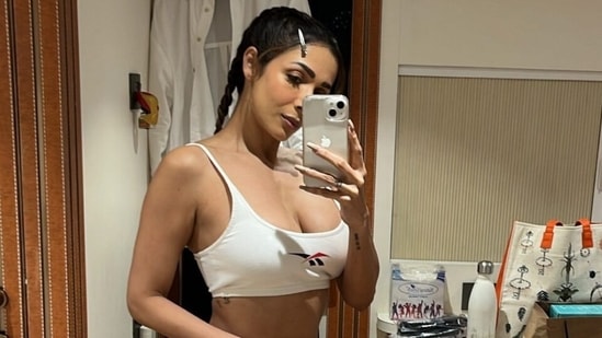 Malaika Arora drops the perfect mirror selfie in white sports bra and cycling shorts, serves style inspiration for gym&nbsp;(Instagram)
