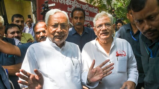 Bihar Chief Minister Nitish Kumar and CPI(M) General Secretary Sitaram Yechury talk to the media after their meeting, in New Delhi, Tuesday, Sept. 6, 2022.(PTI)