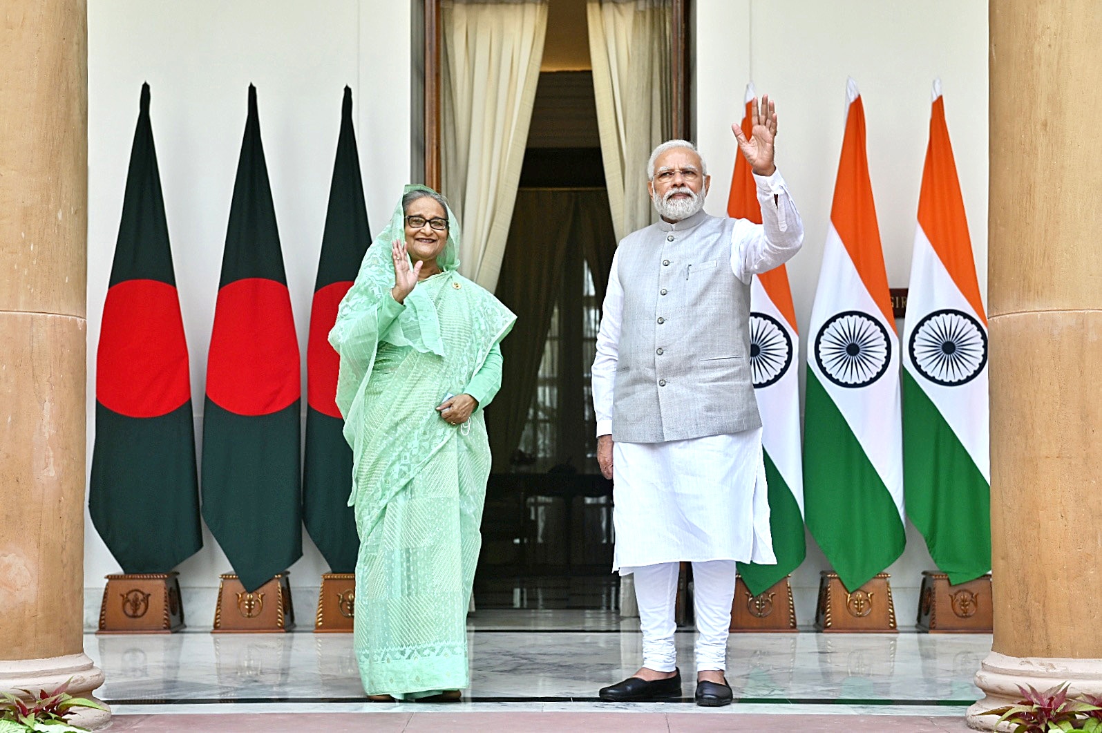 Prime Minister Narendra Modi (right) meets with Bangladesh Prime Minister Sheikh Hasina (left), at Hyderabad House, in New Delhi on Tuesday.&nbsp; (ANI)