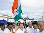 Chhattisgarh chief minister Bhupesh Baghel along with the Tamil Nadu CM MK Stalin hands over the Tricolor to Congress leader Rahul Gandhi in Kanyakumari on Wednesday. (ANI Photo) Chhattisgarh chief minister Bhupesh Baghel along with the Tamil Nadu CM MK Stalin hands over the Tricolor to Congress leader Rahul Gandhi in Kanyakumari on Wednesday. (ANI Photo)