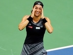 Caroline Garcia, of France, celebrates after defeating Coco Gauff, of the United States, during the quarterfinals of the U.S. Open tennis championships, Tuesday, Sept. 6, 2022, in New York.