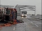 Crisis averted: A Volvo bus full of passengers avoided an accident after skidding on a slippery patch of the Bengaluru - Mysuru highway near Bidadi. Crisis averted: A Volvo bus full of passengers avoided an accident after skidding on a slippery patch of the Bengaluru - Mysuru highway near Bidadi. 