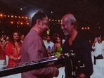 Kamal Haasan and Rajinikanth hugged each other at Ponniyin Selvan Part 1 event. Kamal Haasan and Rajinikanth hugged each other at Ponniyin Selvan Part 1 event.