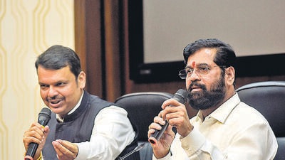 New Delhi, India - July 9, 2022: Chief Minister of Maharashtra Eknath Shinde with Deputy CM Devendra Fadnavis during a press conference at Maharashtra Sadan, in New Delhi, India, on Saturday, July 09, 2022. (HT Photo) New Delhi, India - July 9, 2022: Chief Minister of Maharashtra Eknath Shinde with Deputy CM Devendra Fadnavis during a press conference at Maharashtra Sadan, in New Delhi, India, on Saturday, July 09, 2022. (HT Photo)