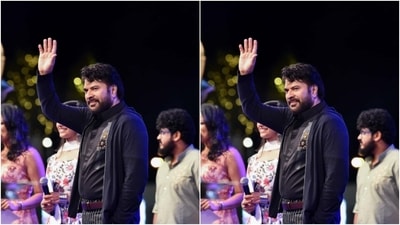Mammootty rocked the classy black-on-black look in a black shirt with embellishments, and layered it with a black jacket. He added more sass to his look with black and white striped trousers. (Instagram/@mammootty)