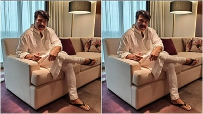 Inside Mammootty’s living room diaries – the star posed in a comfy white cotton kurta and a pair of pajamas as he smiled for the cameras. (Instagram/@mammootty)
