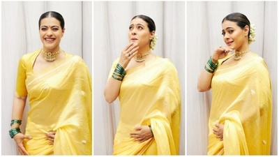 Kajol loves her traditional outfits. She makes the most out of festivals by going all out and draping the best sarees from her ethnic collection. She recently visited the famous Lalbaugcha Raja in Mumbai along with her husband Ajay Devgn and son Yug dressed in a stunning yellow silk saree. (Instagram/@kajol) Kajol loves her traditional outfits. She makes the most out of festivals by going all out and draping the best sarees from her ethnic collection. She recently visited the famous Lalbaugcha Raja in Mumbai along with her husband Ajay Devgn and son Yug dressed in a stunning yellow silk saree. (Instagram/@kajol)