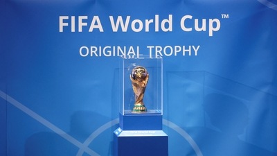 The FIFA World Cup Trophy sits on a stand during an unveiling ceremony in Tehran, Iran September 1, 2022. (via REUTERS)