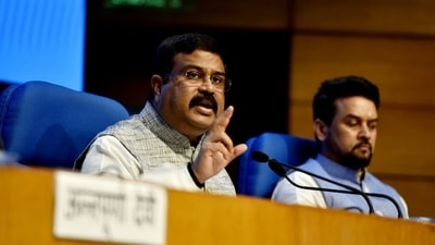 Union ministers Dharmendra Pradhan and Anurag Thakur at a press briefing in New Delhi. (Sanjeev Verma/HT photo) Union ministers Dharmendra Pradhan and Anurag Thakur at a press briefing in New Delhi. (Sanjeev Verma/HT photo)