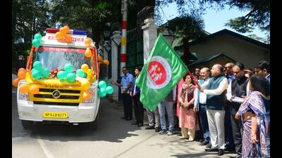 Chief minister Jairam Thakur flags off 30 ambulances from Shimla for different parts of the state, on Wednesday. (HT Photo)