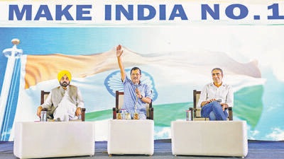 AAP convener and Delhi chief minister Arvind Kejriwal with his Punjab counterpart, Bhagwant Mann, in Hisar on Wednesday. (AAP Media) AAP convener and Delhi chief minister Arvind Kejriwal with his Punjab counterpart, Bhagwant Mann, in Hisar on Wednesday. (AAP Media)
