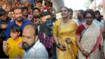 Ajay Devgn, his son Yug, Kajol and Revathy on their way to the Lalbaugcha Raja. Ajay Devgn, his son Yug, Kajol and Revathy on their way to the Lalbaugcha Raja.