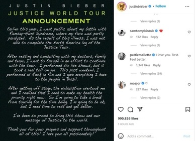 Justin Bieber shared a note about his tour on Instagram. Justin Bieber shared a note about his tour on Instagram. 