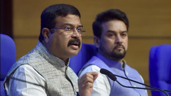 New Delhi: Union Education Minister Dharmendra Pradhan with I & B Minister Anurag Thakur briefs the media on Cabinet decisions at National Media Centre, in New Delhi, Wednesday, Sept. 7, 2022. (PTI Photo/Vijay Verma) (PTI09_07_2022_000124B) (PTI)