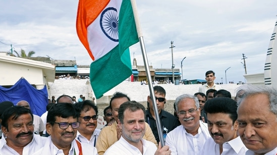 Chhattisgarh chief minister Bhupesh Baghel along with the Tamil Nadu CM MK Stalin hands over the Tricolor to Congress leader Rahul Gandhi in Kanyakumari on Wednesday. (ANI Photo)