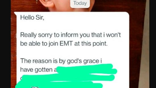 The image shows a part of a message from an individual refusing a job offer after accepting it. EaseMyTrip co-founder Prashant Pitti shared it on Twitter.(Twitter/@ppitti)