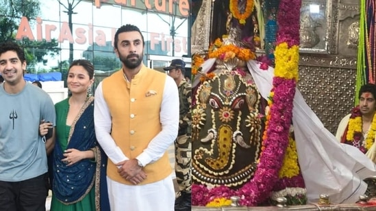 Ranbir Kapoor, Alia Bhatt and Ayan Mukerji at Mumbai airport before leaving for Ujjain (left). Ayan at Mahakaleshwar Temple (right).