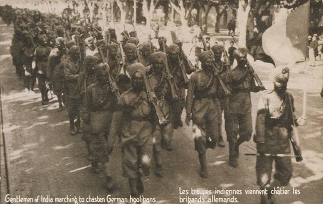 Indian soldiers marching against the Germans in WW1, 1914. (Wikimedia Commons) Indian soldiers marching against the Germans in WW1, 1914. (Wikimedia Commons)