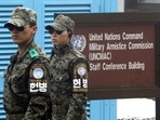 South Korea- North Korea Talks: South Korean soldiers stand guard at the border village of Panmunjom in the demilitarized zone (DMZ). South Korea- North Korea Talks: South Korean soldiers stand guard at the border village of Panmunjom in the demilitarized zone (DMZ).