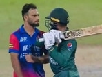 Snapshot of the almost physical tussle between Pakistan batsman Asif Ali and Afghanistan bowler Fareed Ahmad. during the match between the two teams on Wednesday. Snapshot of the almost physical tussle between Pakistan batsman Asif Ali and Afghanistan bowler Fareed Ahmad. during the match between the two teams on Wednesday.
